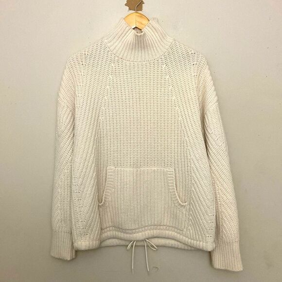 J. Crew Cozy Ivory Wool Blend Kangaroo Pocket Mockneck Drawstring Sweater size S - Picture 1 of 9